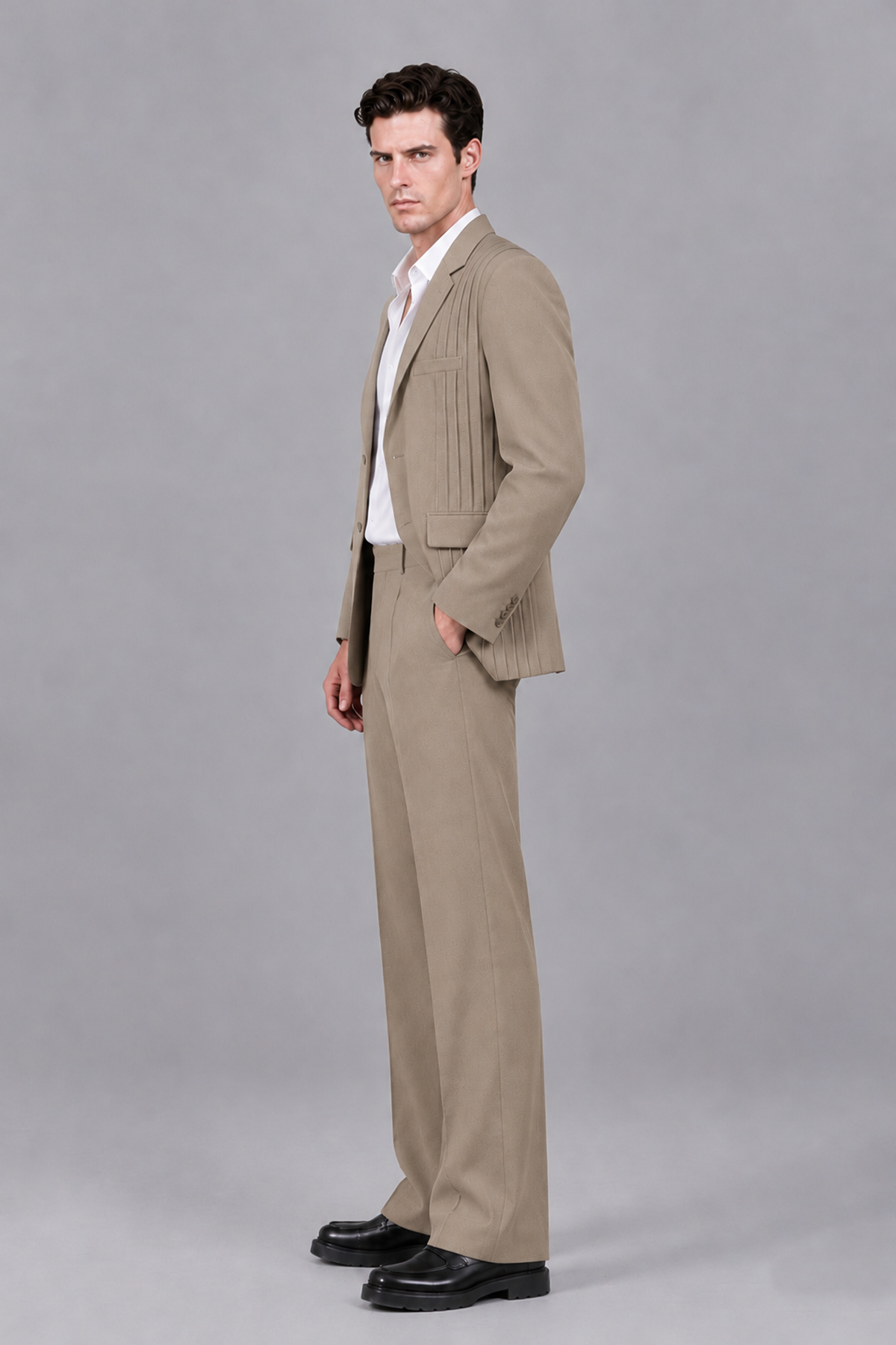 Savile Men's Taupe Pleated 2-Piece Suit Set | Notch Lapel Blazer & Tailored Trousers - Taupe - Taupe_4
