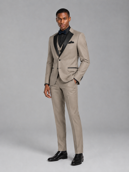 Savile Men's Taupe Contrast Shawl Lapel Tuxedo Suit – 3-Piece Wedding, Prom & Black-Tie Formal Set - Taupe - Taupe_4