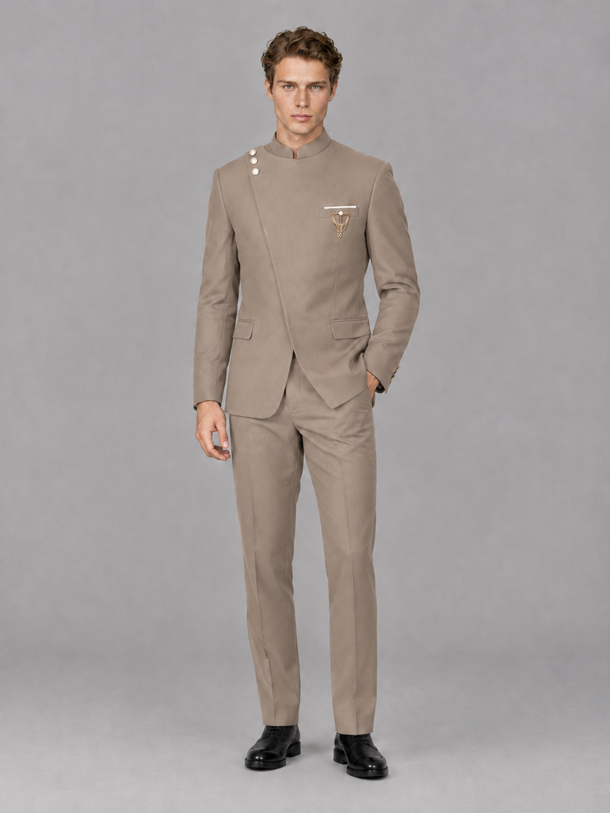 Savile Men's Taupe Mandarin Collar Asymmetrical 2-Piece Suit Set – Modern Jacket & Trousers - Taupe - Taupe_4