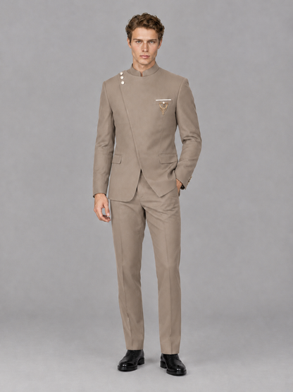 Savile Men's Taupe Mandarin Collar Asymmetrical 2-Piece Suit Set – Modern Jacket & Trousers - Taupe - Taupe_4