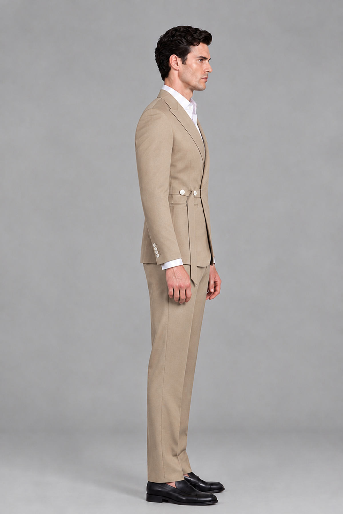 Savile Men's Modern Taupe 2-Piece Wrap Suit Set – Peak Lapel Side-Button Blazer & Tailored Trousers - Taupe - Taupe_4