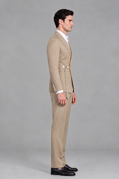 Savile Men's Modern Taupe 2-Piece Wrap Suit Set – Peak Lapel Side-Button Blazer & Tailored Trousers - Taupe - Taupe_4
