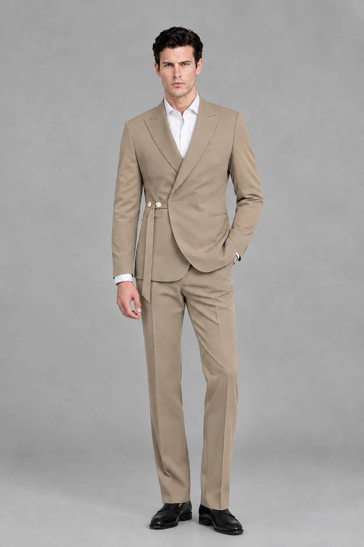 Savile Men's Modern Taupe 2-Piece Wrap Suit Set – Peak Lapel Side-Button Blazer & Tailored Trousers - Taupe - Taupe_5