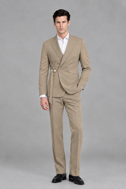 Savile Men's Modern Taupe 2-Piece Wrap Suit Set – Peak Lapel Side-Button Blazer & Tailored Trousers - Taupe - Taupe_5