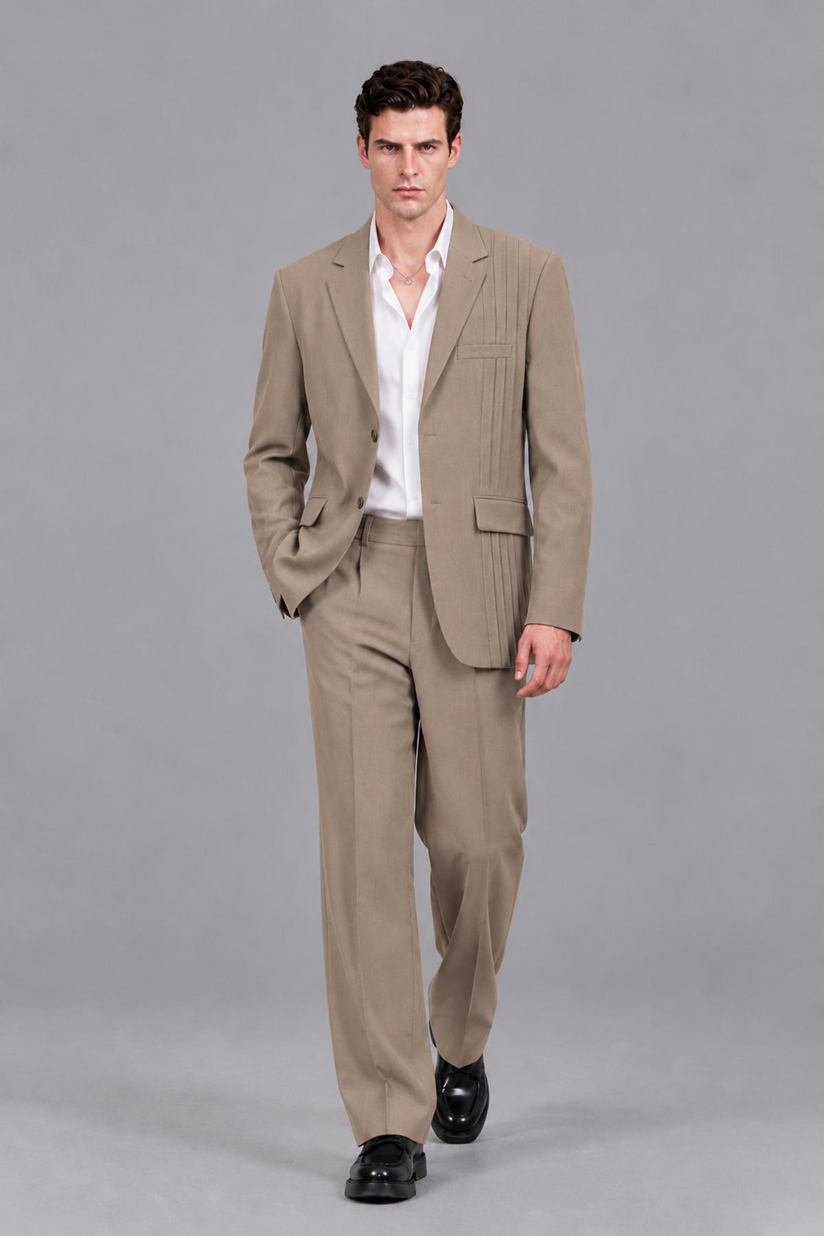 Savile Men's Taupe Pleated 2-Piece Suit Set | Notch Lapel Blazer & Tailored Trousers - Taupe - Taupe_5