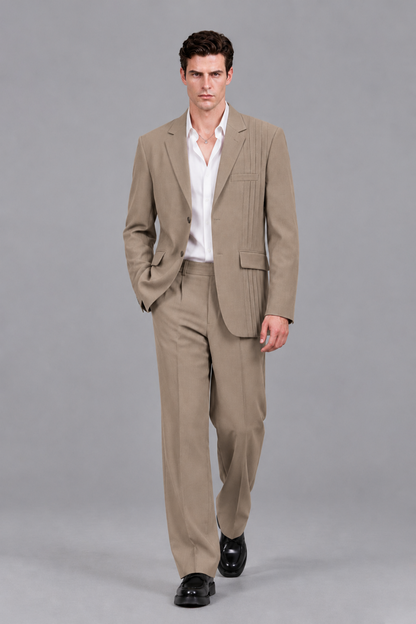 Savile Men's Taupe Pleated 2-Piece Suit Set | Notch Lapel Blazer & Tailored Trousers - Taupe - Taupe_5