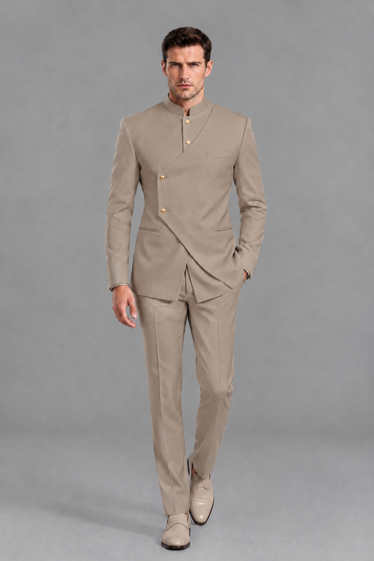Savile Men's Taupe Asymmetrical Mandarin Collar Tuxedo Suit – Modern 2-Piece Gold Button Wedding, Prom & Gala Set - Taupe - Taupe_5