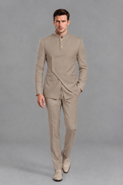 Savile Men's Taupe Asymmetrical Mandarin Collar Tuxedo Suit – Modern 2-Piece Gold Button Wedding, Prom & Gala Set - Taupe - Taupe_5