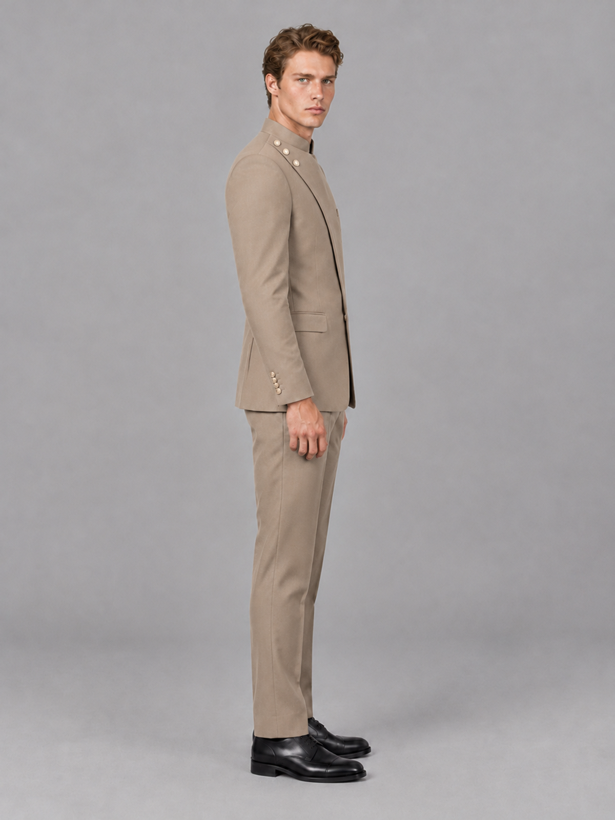 Savile Men's Taupe Mandarin Collar Asymmetrical 2-Piece Suit Set – Modern Jacket & Trousers - Taupe - Taupe_5