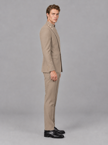 Savile Men's Taupe Mandarin Collar Asymmetrical 2-Piece Suit Set – Modern Jacket & Trousers - Taupe - Taupe_5