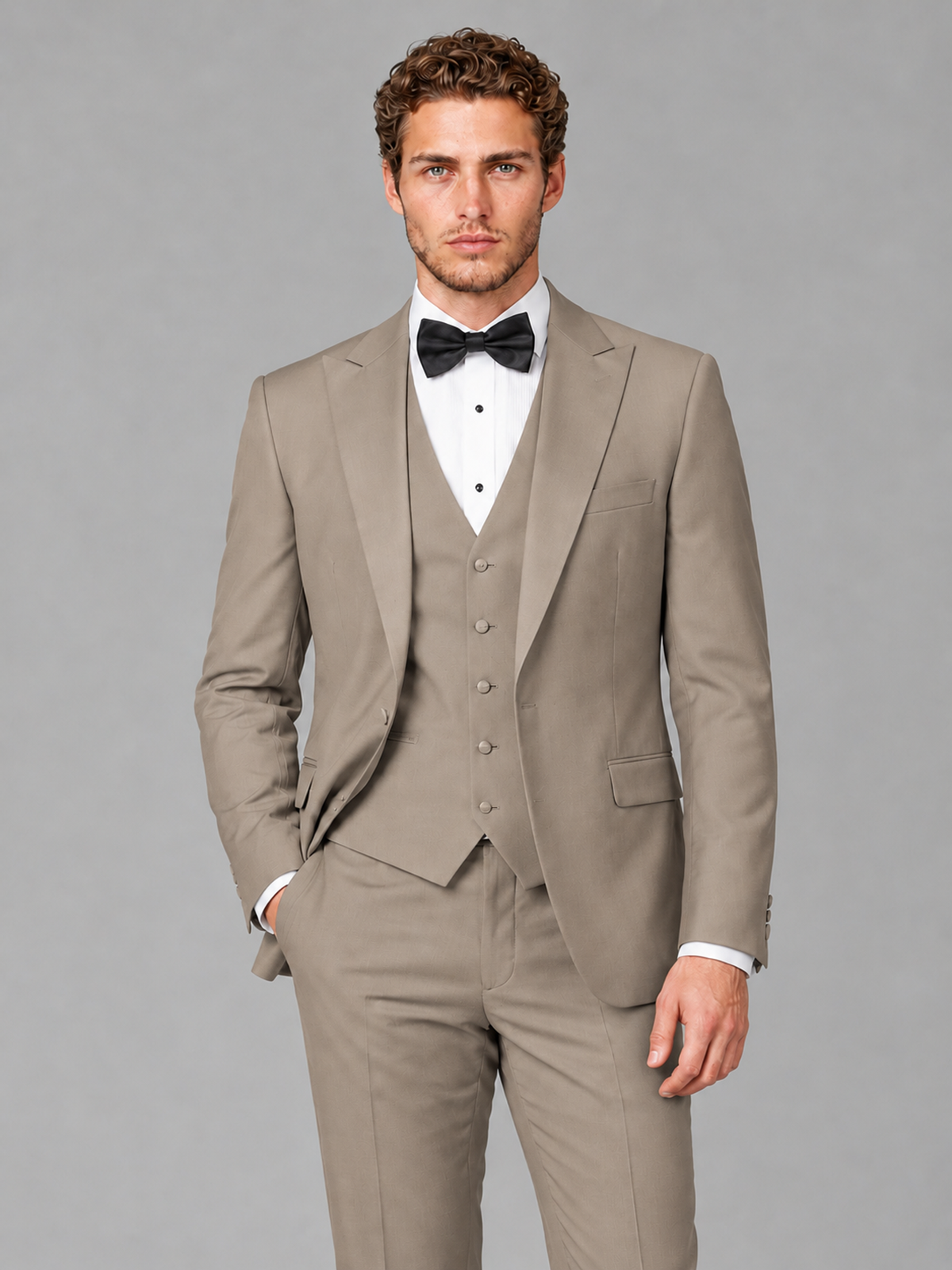 Savile Men's Taupe Peak Lapel 3-Piece Tuxedo Suit | Jacket, Vest & Trousers - Taupe