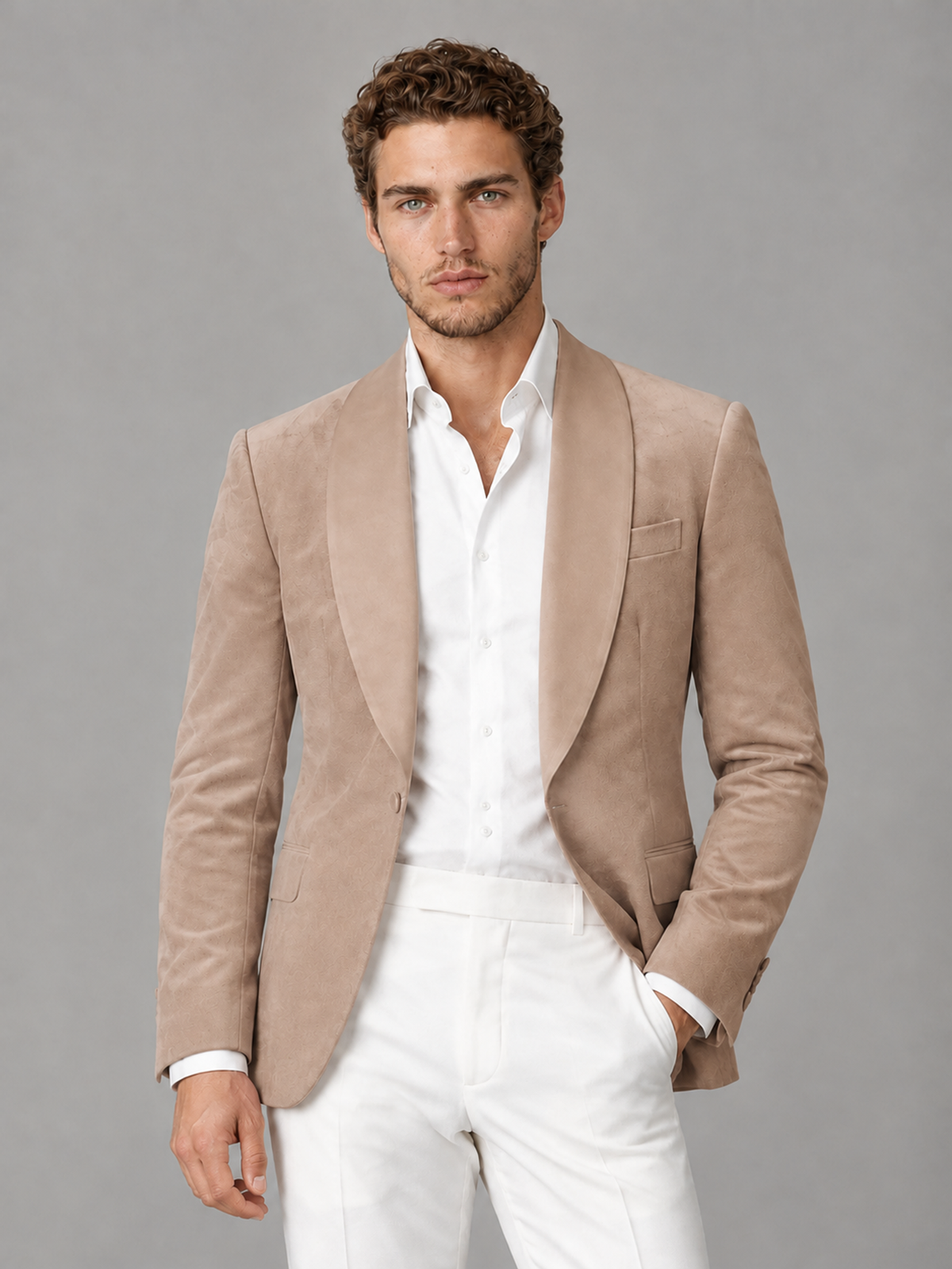 Savile Men's Taupe Velvet Shawl Lapel 2-Piece Tuxedo Suit Set | Jacket & White Trousers - Taupe - Taupe (1)