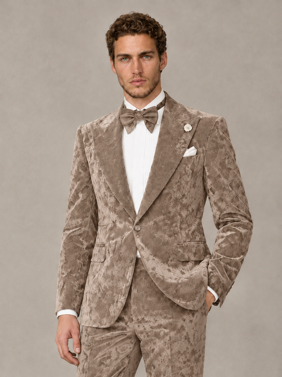 Savile Men's Taupe Crushed Velvet Peak Lapel 2-Piece Suit Set | Jacket & Trousers - Taupe - Taupe (1)