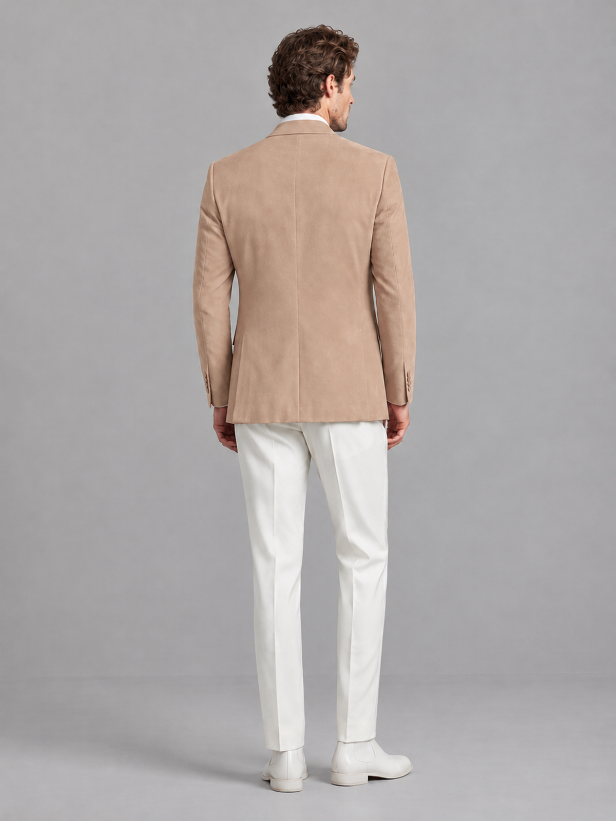 Savile Men's Taupe Velvet Shawl Lapel 2-Piece Tuxedo Suit Set | Jacket & White Trousers - Taupe - Taupe (2)