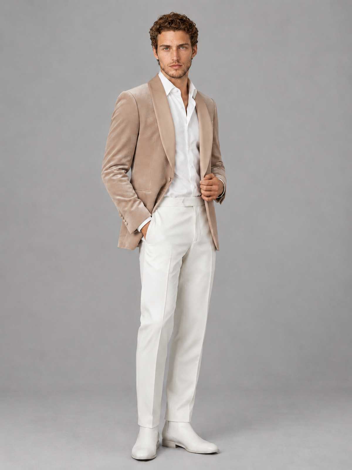 Savile Men's Taupe Velvet Shawl Lapel 2-Piece Tuxedo Suit Set | Jacket & White Trousers - Taupe - Taupe (3)