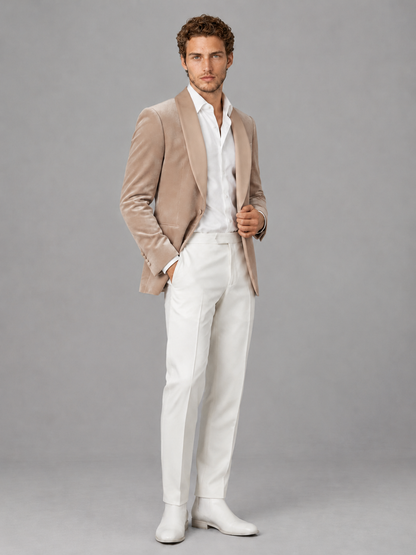 Savile Men's Taupe Velvet Shawl Lapel 2-Piece Tuxedo Suit Set | Jacket & White Trousers - Taupe - Taupe (3)