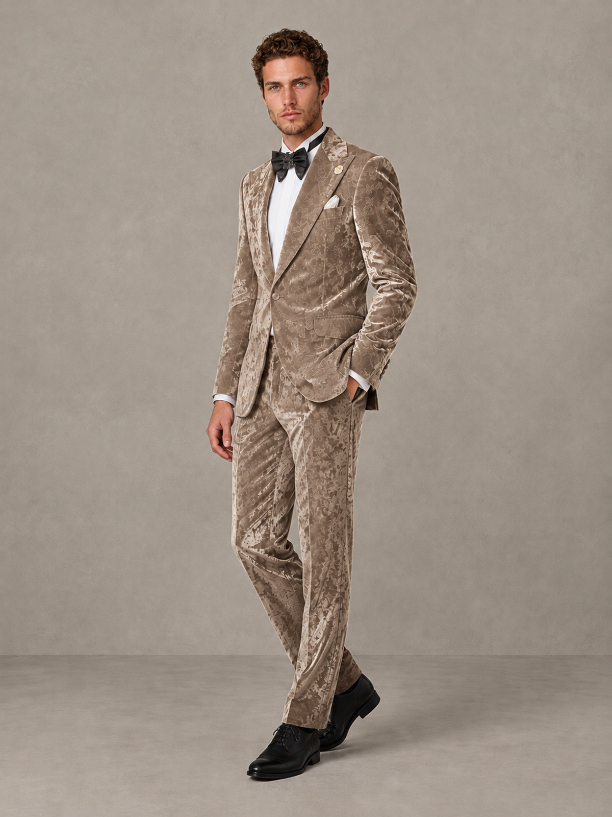 Savile Men's Taupe Crushed Velvet Peak Lapel 2-Piece Suit Set | Jacket & Trousers - Taupe - Taupe (3)