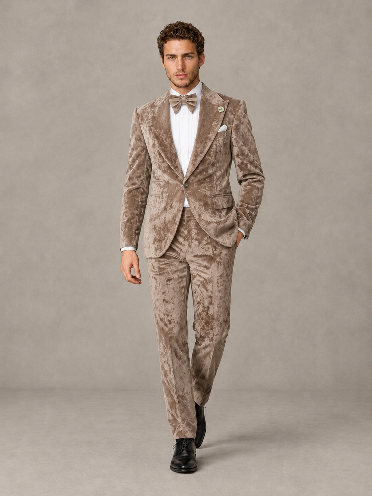 Savile Men's Taupe Crushed Velvet Peak Lapel 2-Piece Suit Set | Jacket & Trousers - Taupe - Taupe (4)