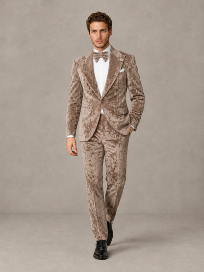 Savile Men's Taupe Crushed Velvet Peak Lapel 2-Piece Suit Set | Jacket & Trousers - Taupe - Taupe (4)