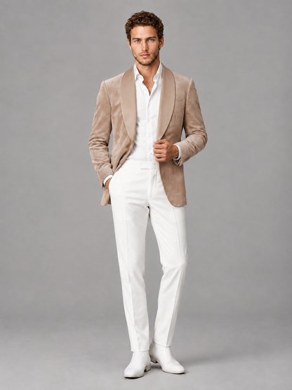Savile Men's Taupe Velvet Shawl Lapel 2-Piece Tuxedo Suit Set | Jacket & White Trousers - Taupe - Taupe (4)