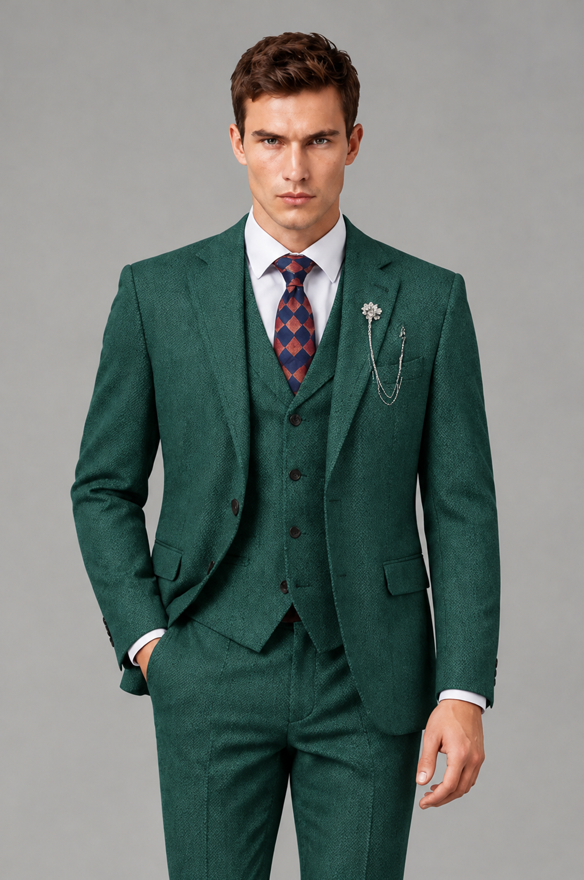 Savile Men's Grey Notch Lapel 3-Piece Suit Set | Jacket, Vest & Trousers - Teal - Teal