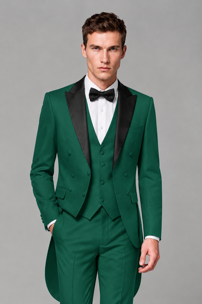 Savile Teal 3-Piece Tailcoat Tuxedo Suit with Black Peak Lapel - Teal - Teal_01