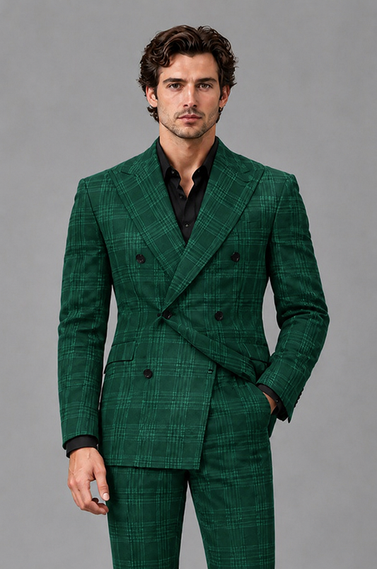 Savile Men's Rust Plaid 2-Piece Double-Breasted Suit – Peak Lapel Slim-Fit Jacket & Trousers Set - Teal - Teal
