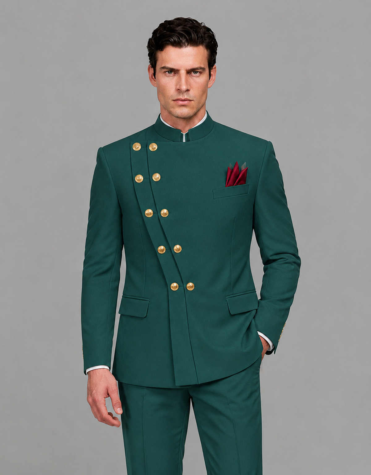 BOLODOO Men's Teal Asymmetrical Mandarin Collar Tuxedo Suit – Modern 2-Piece Gold Button Wedding, Prom & Gala Set - Teal - Teal_01
