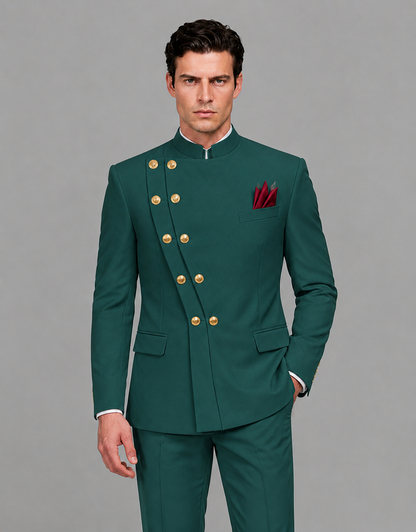 BOLODOO Men's Teal Asymmetrical Mandarin Collar Tuxedo Suit – Modern 2-Piece Gold Button Wedding, Prom & Gala Set - Teal - Teal_01