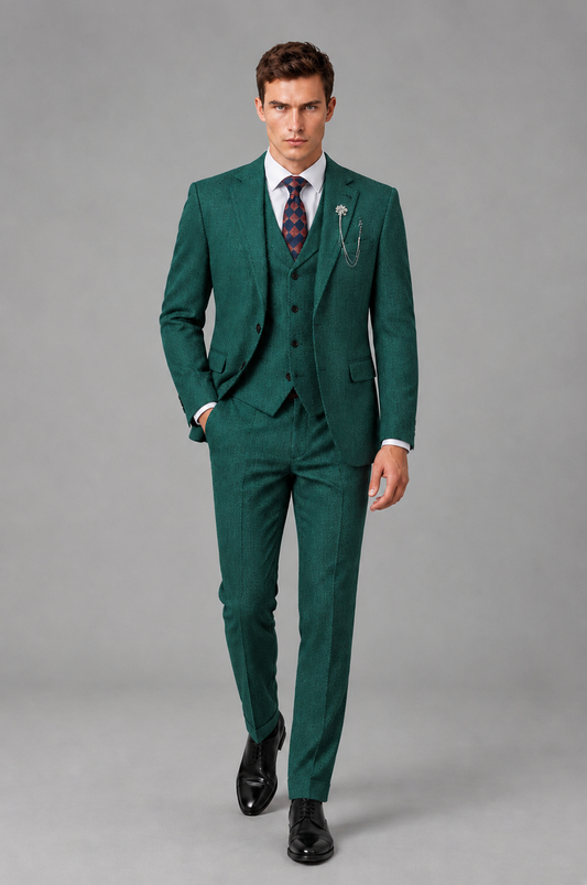 Savile Men's Grey Notch Lapel 3-Piece Suit Set | Jacket, Vest & Trousers - Teal - Teal