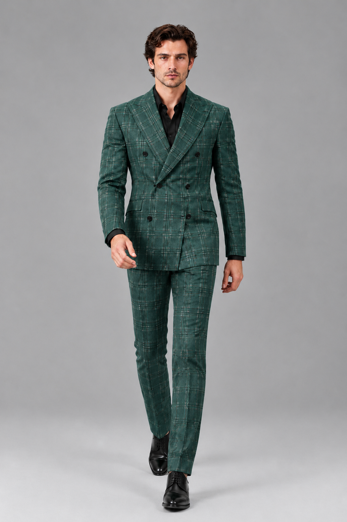 Savile Men's Rust Plaid 2-Piece Double-Breasted Suit – Peak Lapel Slim-Fit Jacket & Trousers Set - Teal - Teal