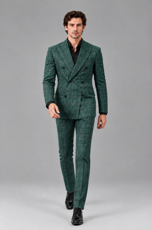 Savile Men's Rust Plaid 2-Piece Double-Breasted Suit – Peak Lapel Slim-Fit Jacket & Trousers Set - Teal - Teal