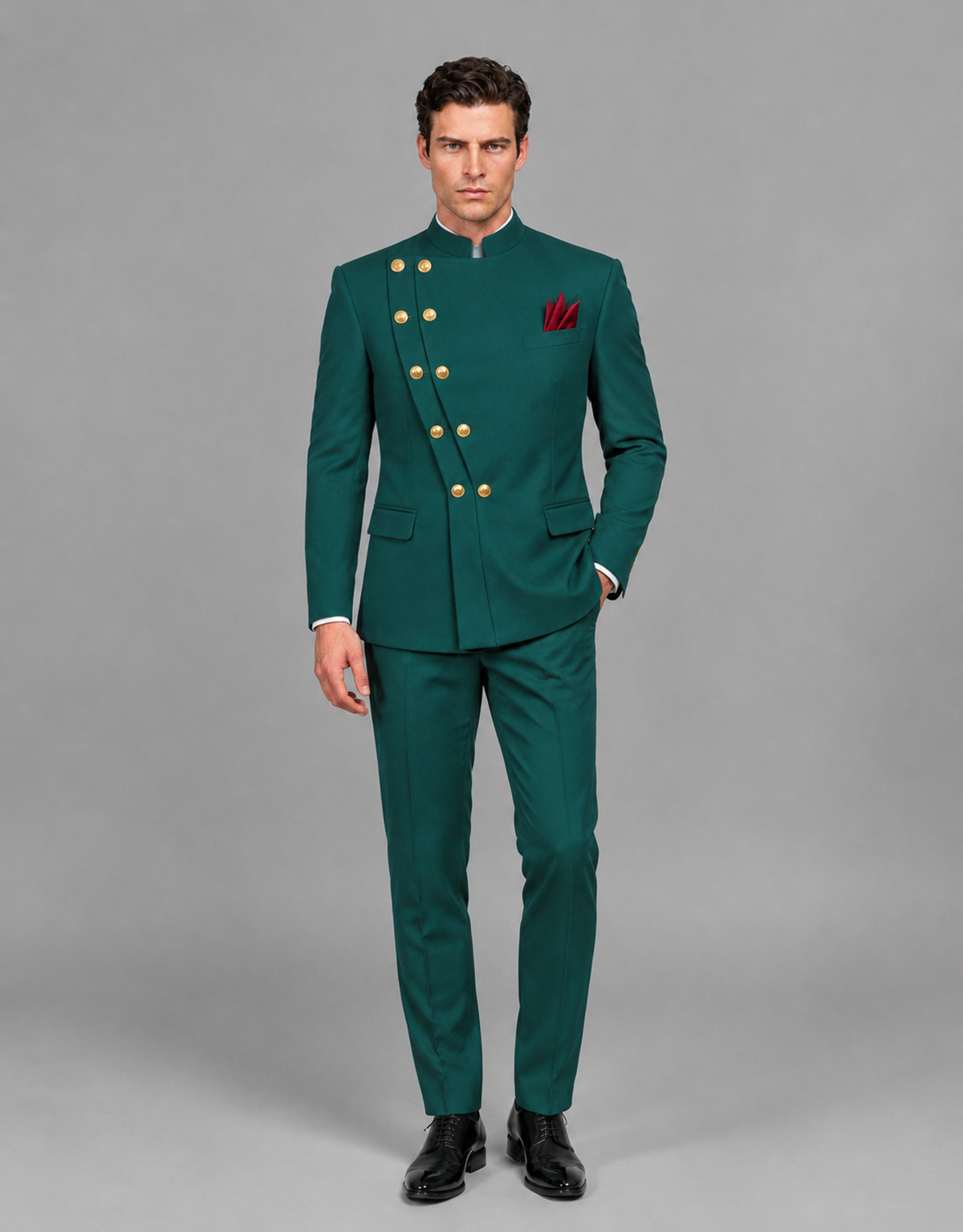 BOLODOO Men's Teal Asymmetrical Mandarin Collar Tuxedo Suit – Modern 2-Piece Gold Button Wedding, Prom & Gala Set - Teal - Teal_02