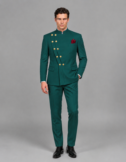 BOLODOO Men's Teal Asymmetrical Mandarin Collar Tuxedo Suit – Modern 2-Piece Gold Button Wedding, Prom & Gala Set - Teal - Teal_02