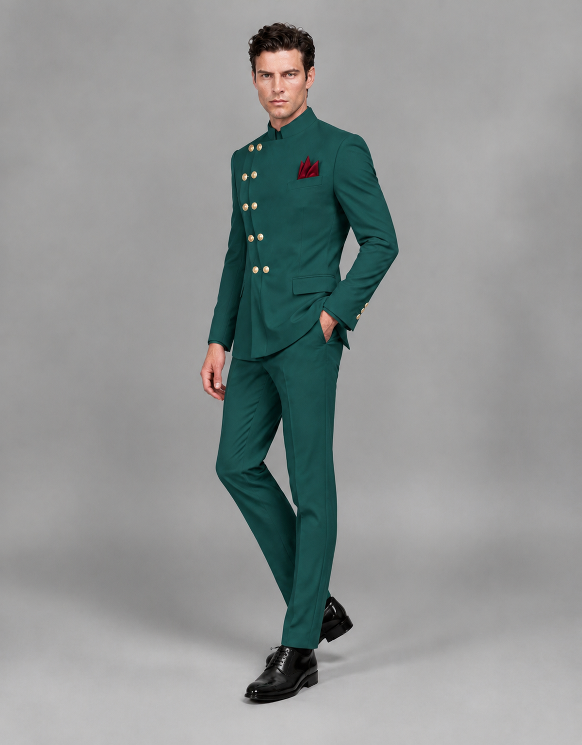 BOLODOO Men's Teal Asymmetrical Mandarin Collar Tuxedo Suit – Modern 2-Piece Gold Button Wedding, Prom & Gala Set - Teal - Teal_04