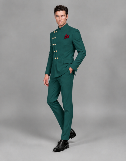 BOLODOO Men's Teal Asymmetrical Mandarin Collar Tuxedo Suit – Modern 2-Piece Gold Button Wedding, Prom & Gala Set - Teal - Teal_04