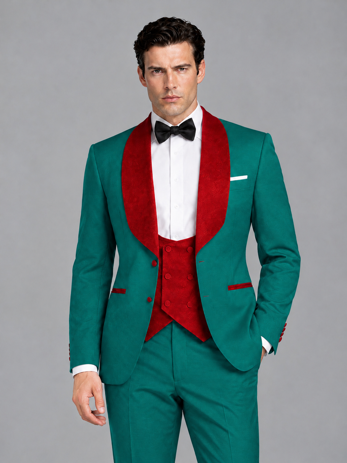 Savile Men's Teal 3-Piece Tuxedo Suit Set – Contrast Red Shawl Lapel Blazer, Red Waistcoat & Trousers - SUC020 - Teal