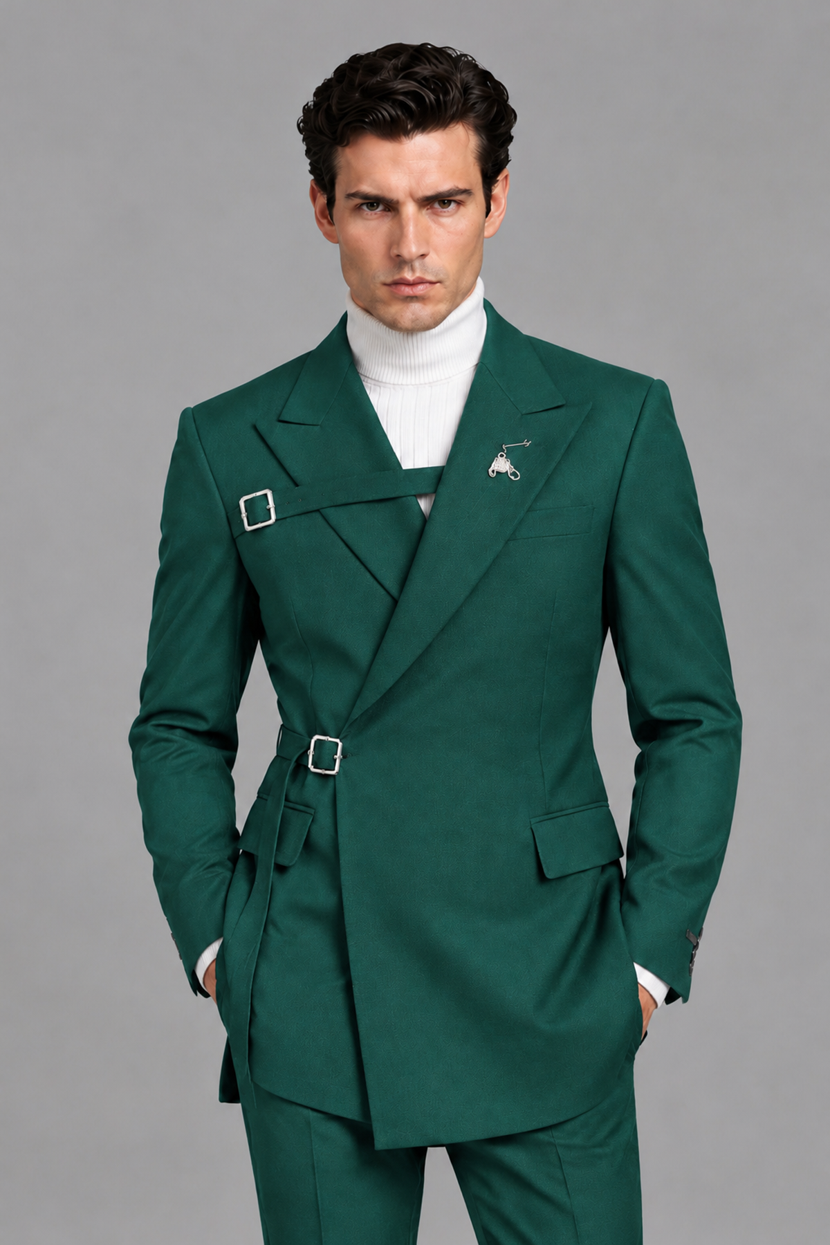 Savile Men's Teal Double Buckle Wrap Belted 2-Piece Suit Set – Peak Lapel Slim-Fit Jacket & Trousers - Teal - Teal_1
