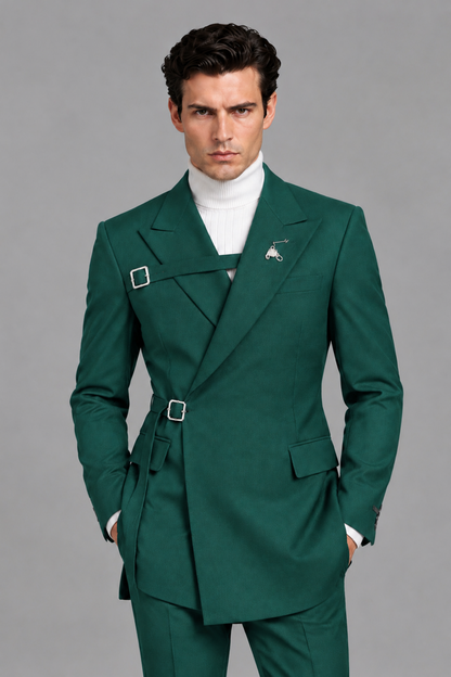 Savile Men's Teal Double Buckle Wrap Belted 2-Piece Suit Set – Peak Lapel Slim-Fit Jacket & Trousers - Teal - Teal_1