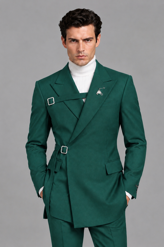 Savile Men's Teal Double Buckle Wrap Belted 2-Piece Suit Set – Peak Lapel Slim-Fit Jacket & Trousers - Teal - Teal_1