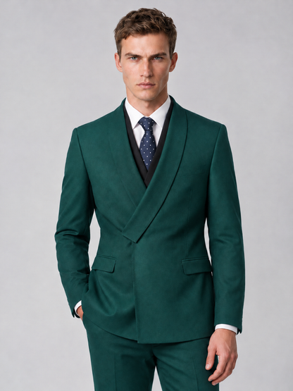 Savile Men's Teal Wrap Shawl Lapel 2-Piece Suit Set – Modern Jacket & Trousers - Teal - Teal_1