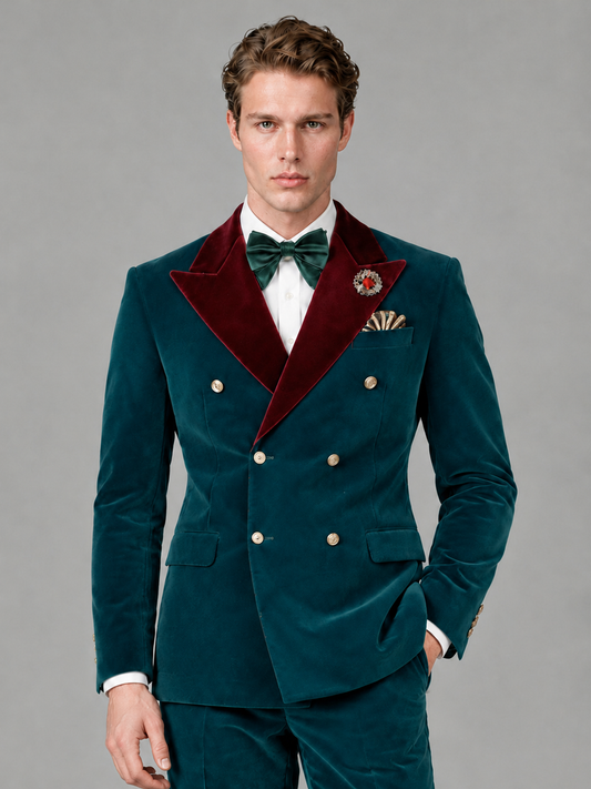 Savile Men's Teal Velvet Double-Breasted 2-Piece Tuxedo Suit with Burgundy Peak Lapel - Teal