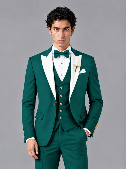 Savile Men's Teal Contrast White Peak Lapel 3-Piece Tuxedo Suit - Teal