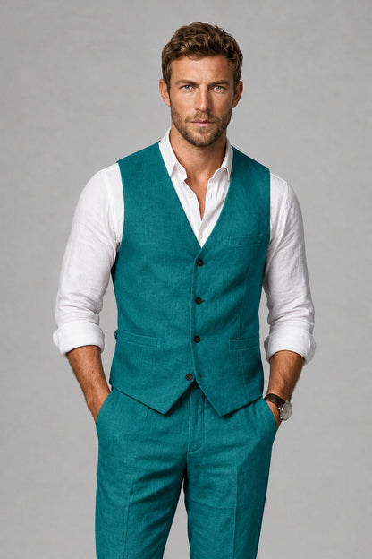 Men's Teal Linen Blend Single-Breasted V-Neck Suit Vest | Savile QX0101 - Teal