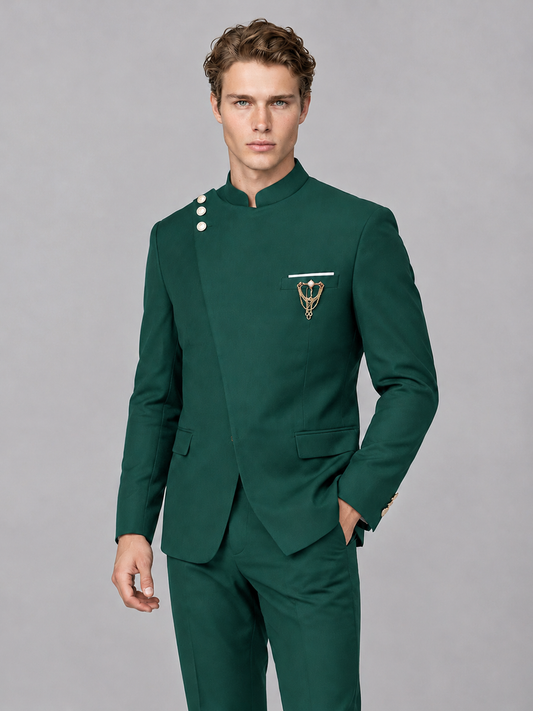 Savile Men's Teal Mandarin Collar Asymmetrical 2-Piece Suit Set – Modern Jacket & Trousers - Teal - Teal_1