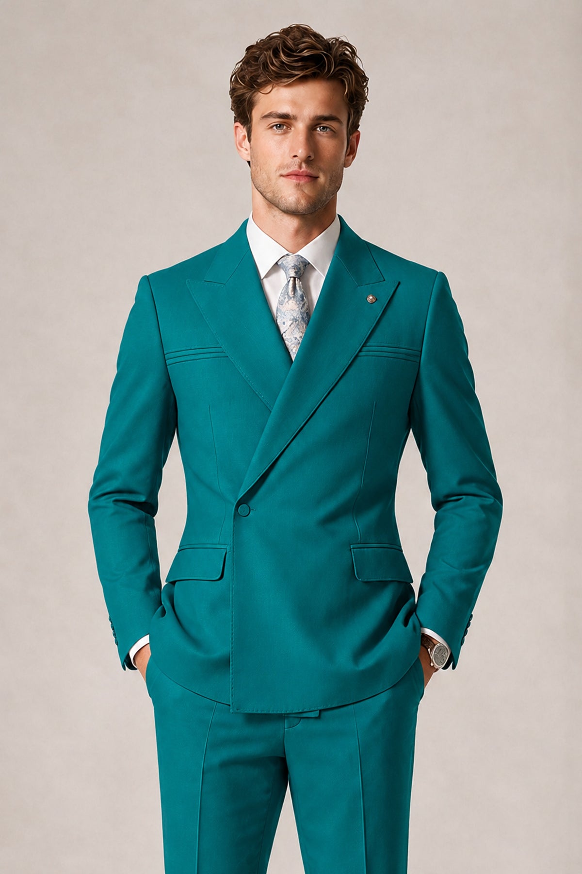 Savile Men's Teal Double-Breasted Slim Fit 2-Piece Suit Set – Peak Lapel Blazer & Cuffed Trousers | Wedding Prom Formal - Teal