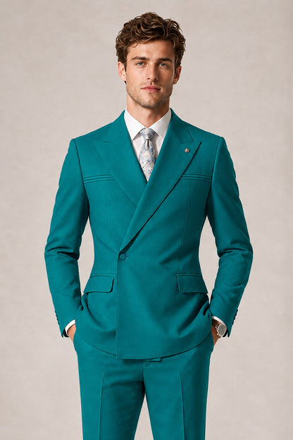 Savile Men's Teal Double-Breasted Slim Fit 2-Piece Suit Set – Peak Lapel Blazer & Cuffed Trousers | Wedding Prom Formal - Teal