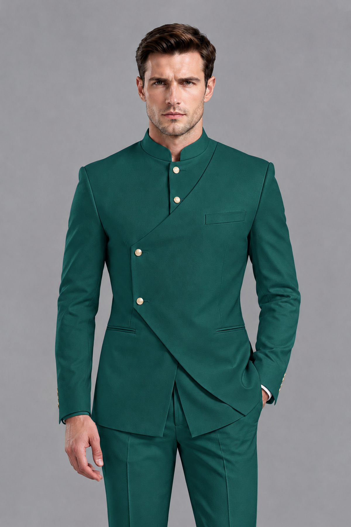 Savile Men's Teal Asymmetrical Mandarin Collar Tuxedo Suit – Modern 2-Piece Gold Button Wedding, Prom & Gala Set - Teal - Teal_1