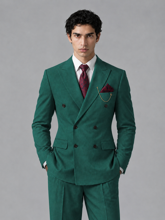 Savile Men's Teal Double-Breasted 2-Piece Suit Set – Peak Lapel Blazer & Pleated Wide-Leg Trousers - Teal - Teal_1