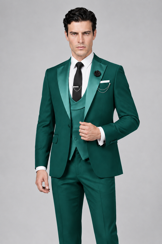 Savile Men's Teal 3-Piece Tuxedo Suit – Contrast Silver Peak Lapel & Grey Vest Formal Set - Teal - Teal_1